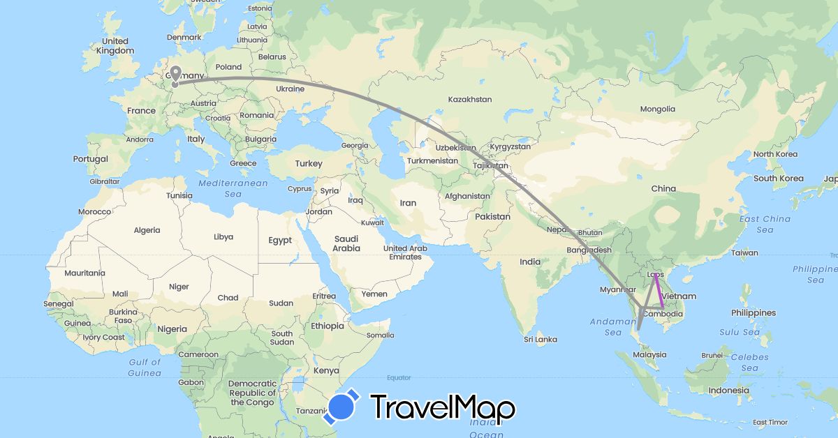 TravelMap itinerary: driving, plane, train in Germany, Cambodia, Laos, Thailand (Asia, Europe)
