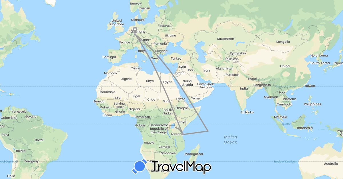 TravelMap itinerary: driving, plane in Germany, Seychelles, Tanzania (Africa, Europe)